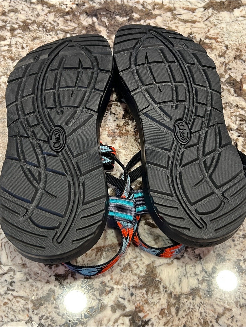 Chaco Black Sandals with Orange & Teal Patterned Straps - Picture 4 of 8